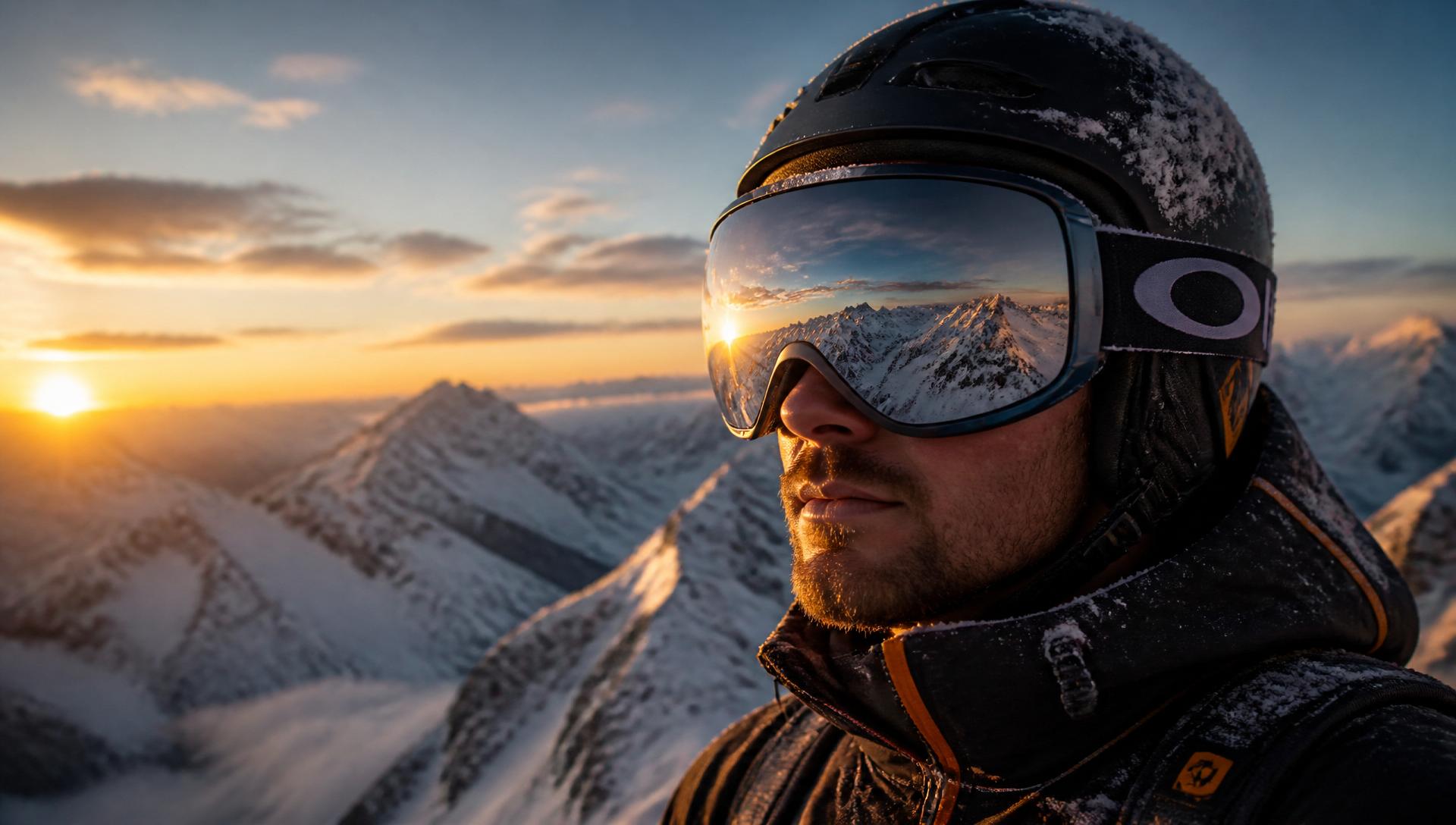 Alpine athlete in fog-free goggles at sunrise